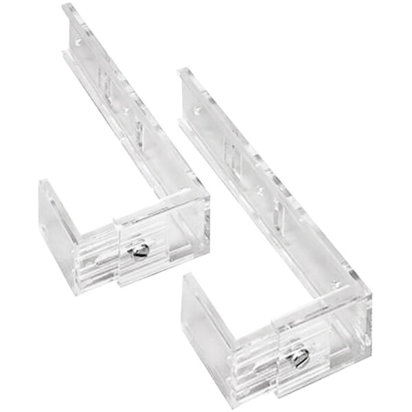 A pair of clear plastic brackets with screws.