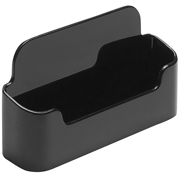 A black plastic Deflecto business card holder with a clear surface.