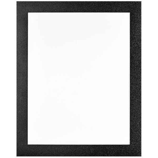 A white paper in a black Deflecto sign holder with black border.