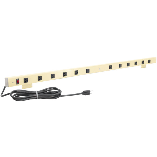 A BenchPro beige power strip with a long black cord.