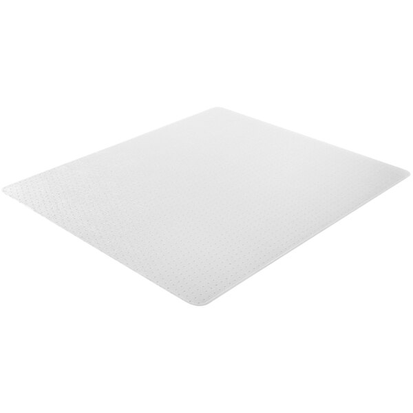 A clear rectangular chair mat with beveled edges.