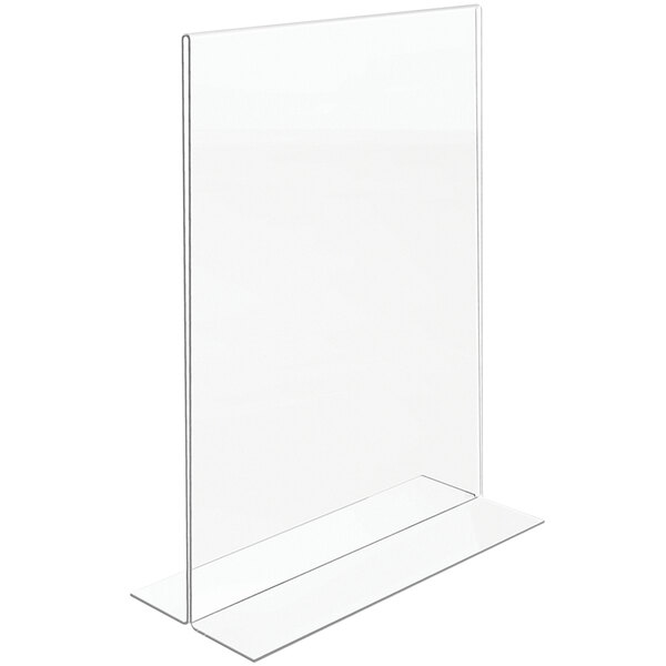 A white rectangular Deflecto Classic clear plastic table holder with a clear plastic sign inside.