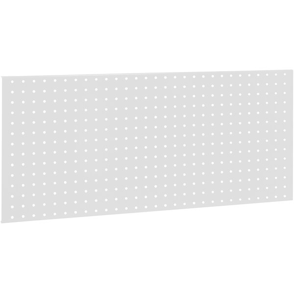 A white rectangular BenchPro steel pegboard with white holes.