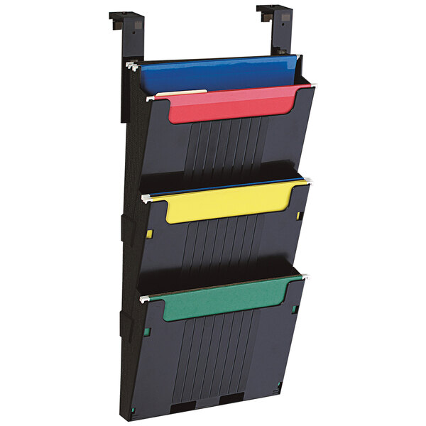 A black Deflecto partition system with three pockets holding multi-colored file folders.