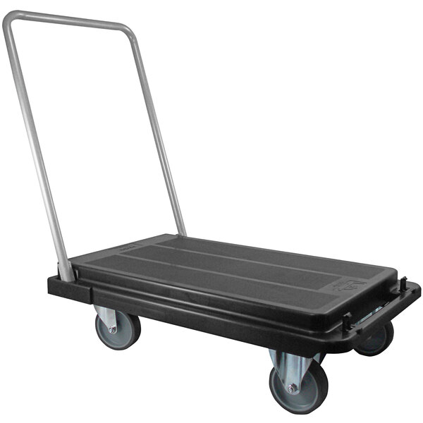 A black Deflecto platform cart with metal handles and wheels.