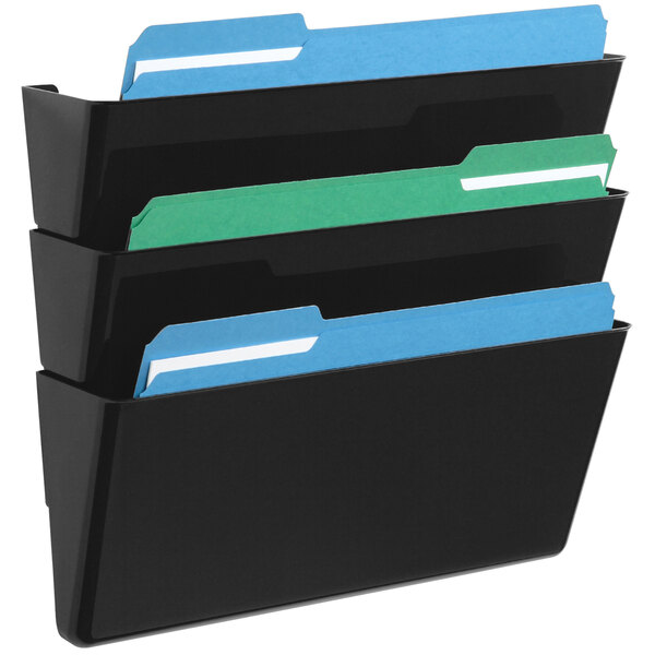 A black Deflecto wall mount with three black file folders.