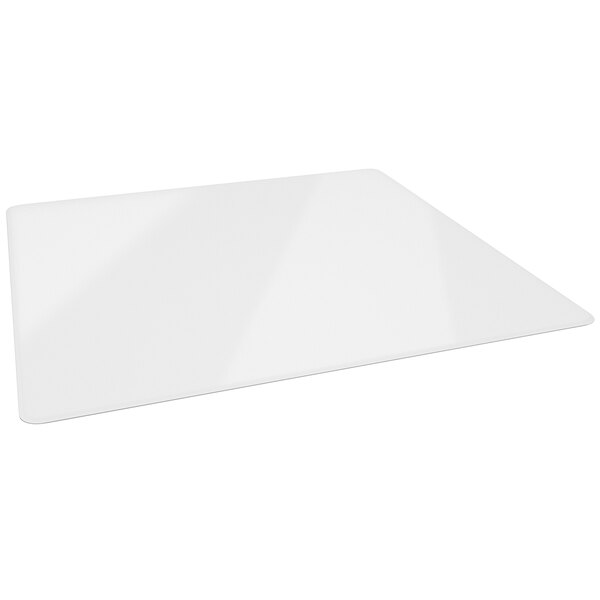A white rectangular Deflecto glass chair mat on a white surface.