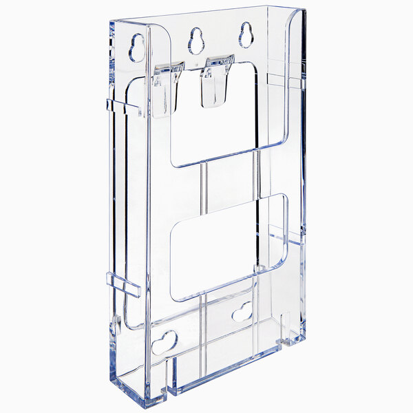 A clear plastic Deflecto leaflet holder with two compartments.
