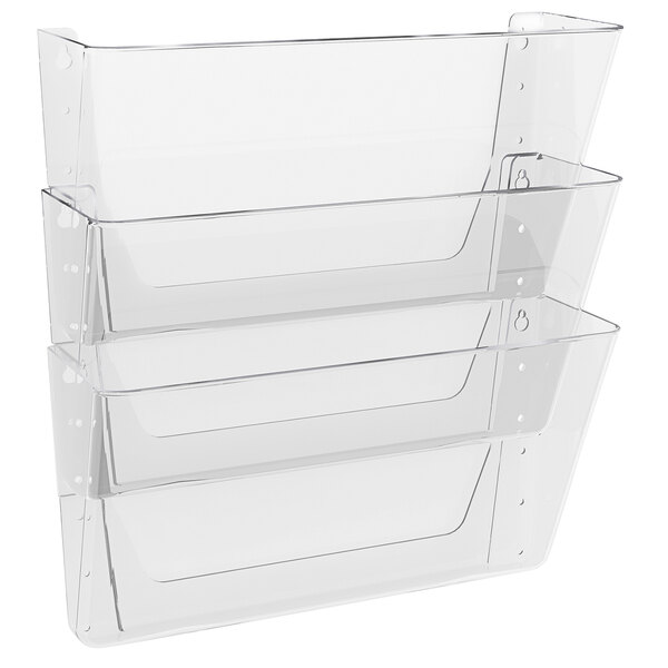 A clear plastic wall organizer with three compartments.
