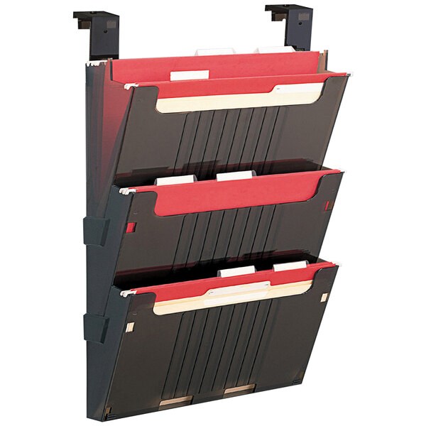 A Deflecto smoke partition system with 3 black and red pockets.