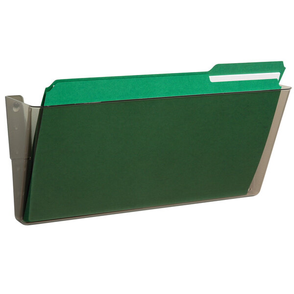 A green file folder in a clear wall mount holder.