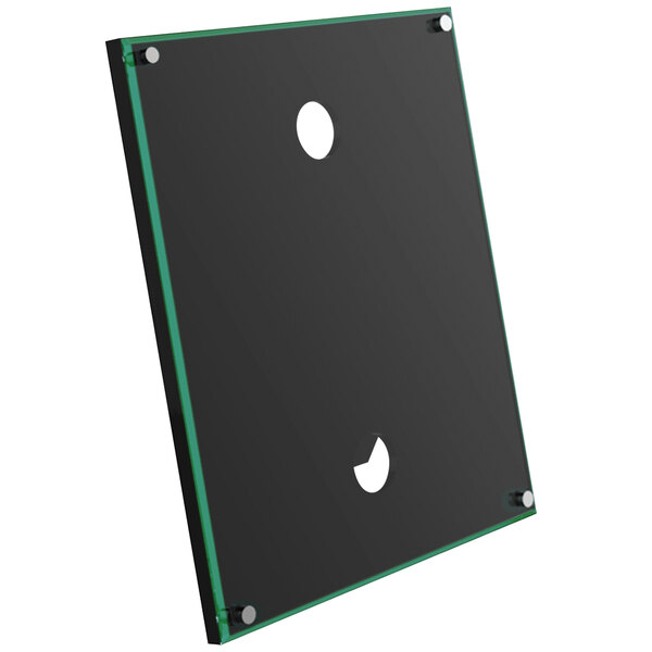 A Deflecto clear rectangular sign holder with black border.