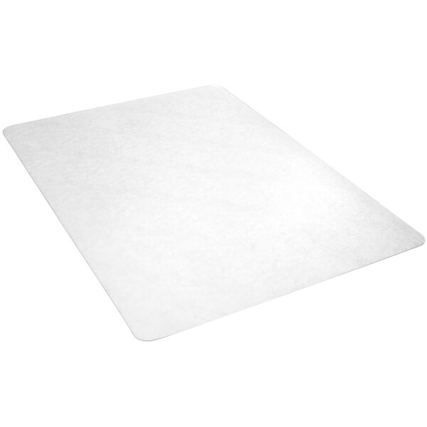 A clear rectangular Deflecto chair mat on a white background with a piece of paper on it.