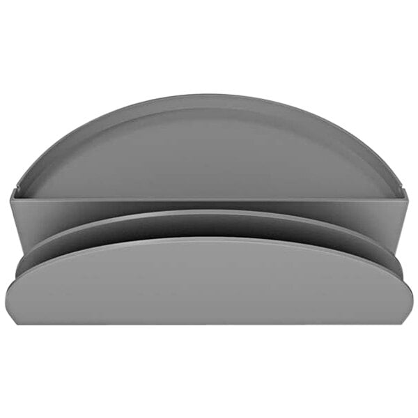 A grey plastic Deflecto desk file organizer with curved sides.