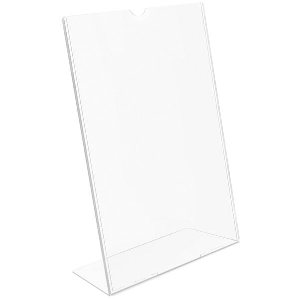 A clear plastic Deflecto Superior Image slanted sign holder for a 5" x 7" paper on a table.