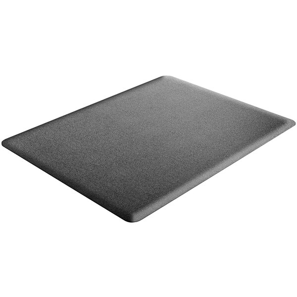 A black rectangular Deflecto sit/stand mat.