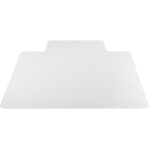 A clear vinyl chair mat with a square shape and a lip.