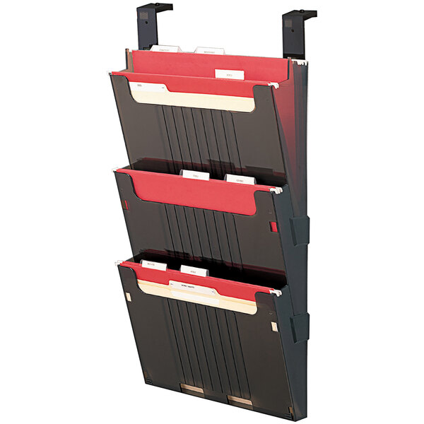A Deflecto smoke-colored 3-pocket partition system for files with black and red accents.
