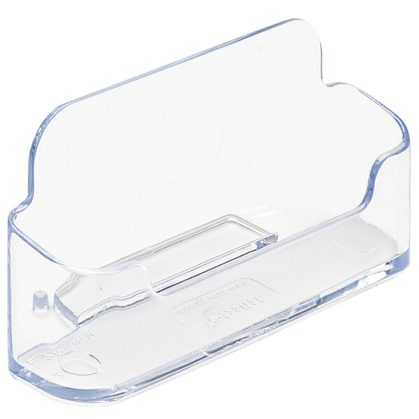A clear plastic Deflecto business card holder with a clear plastic cover.