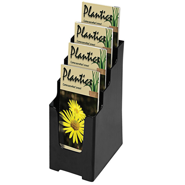 A black Deflecto 4-tier leaflet holder with several cards.