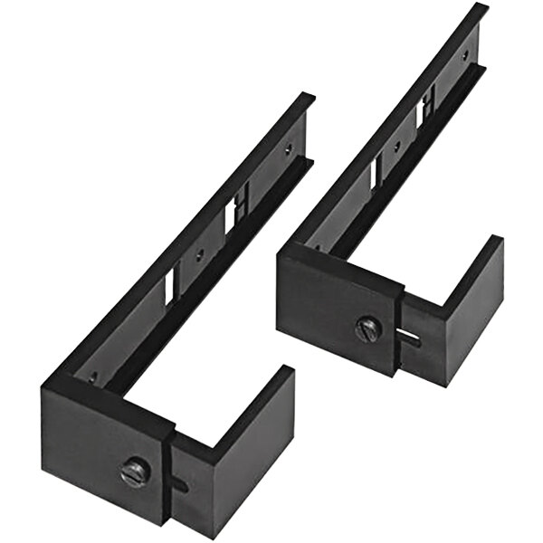 A pair of black plastic Deflecto partition brackets.