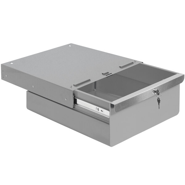 A silver metal BenchPro drawer with the lid open.