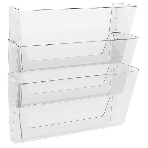 A clear plastic wall mounted holder with three clear plastic trays.