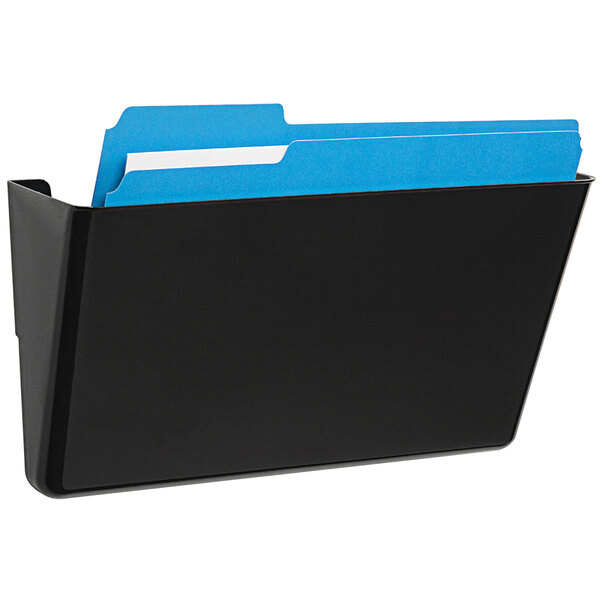 A black Deflecto wall mount DocuPocket with blue paper inside.