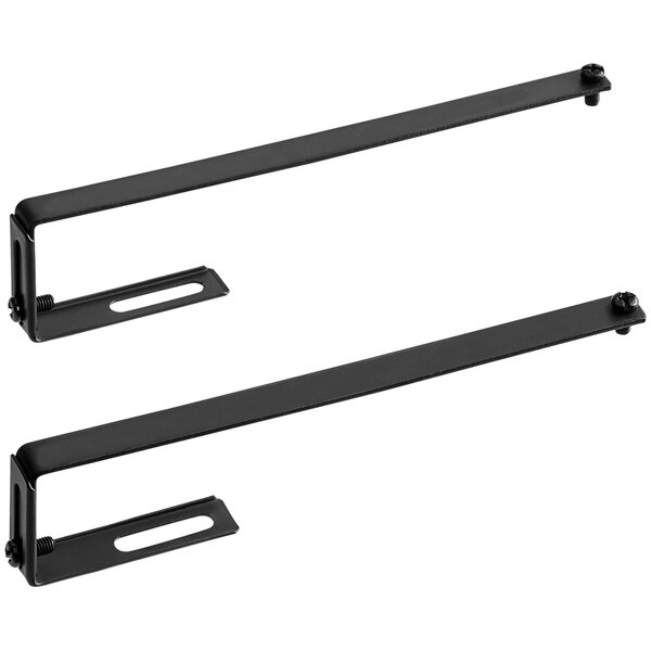 Two black metal Deflecto partition brackets with screws.