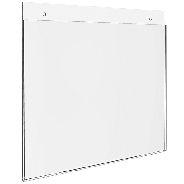A clear plastic Deflecto wall mount sign holder with a metal frame holding a white sign.