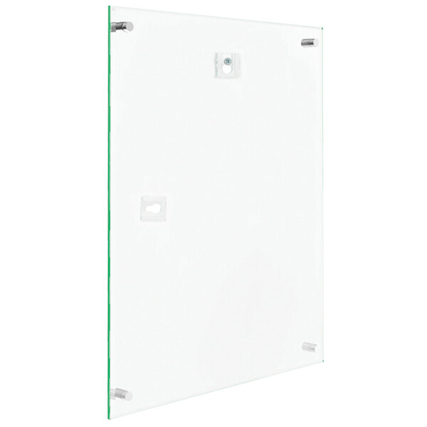 A white rectangular sign holder with green tinted edges.