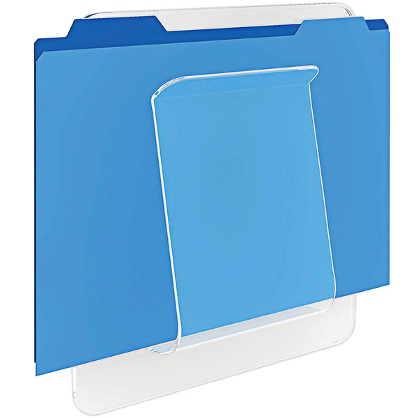 A blue file folder in a clear plastic holder mounted on a wall.