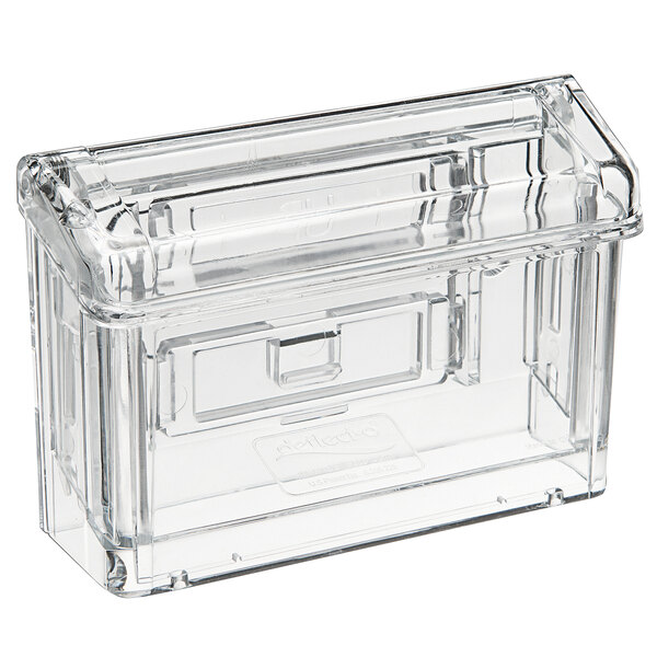 A Deflecto clear plastic outdoor business card holder with a lid on top.