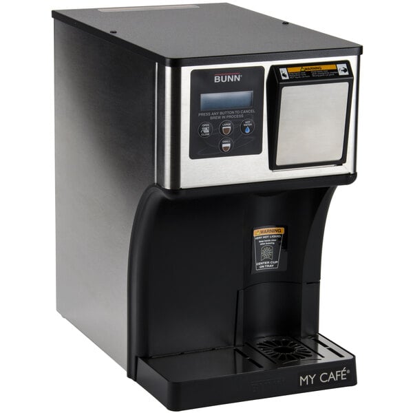 A black and silver Bunn My Cafe AutoPOD commercial coffee maker on a counter.
