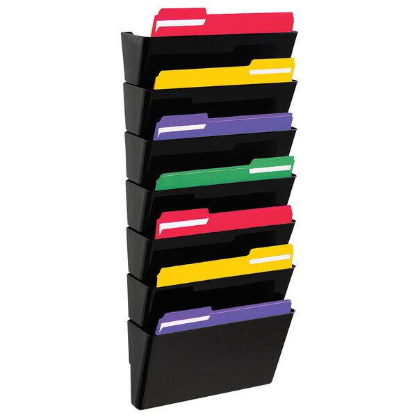 A black Deflecto wall mount file organizer with 7 multi-colored folders.