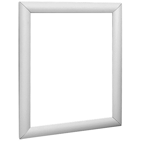 An aluminum Deflecto wall mount display frame with a white border.