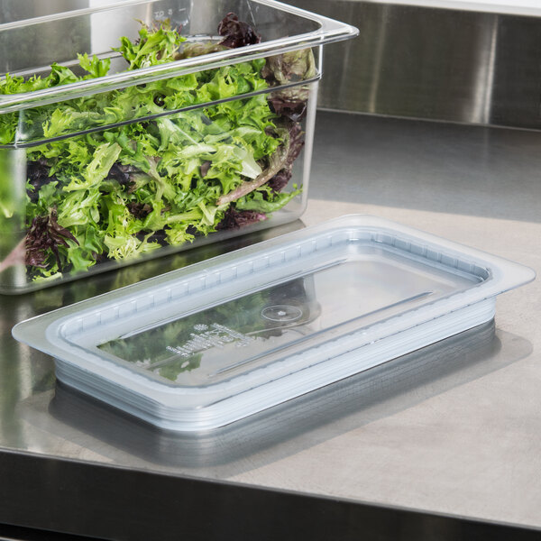 A plastic food container with a lid containing lettuce.