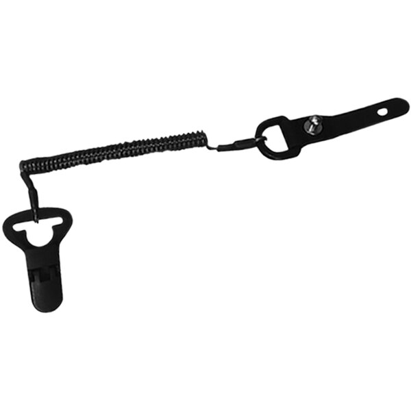 A black coiled tether with a black metal hook.