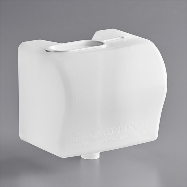 A white plastic Lavex hand sanitizer container with a lid and handle.