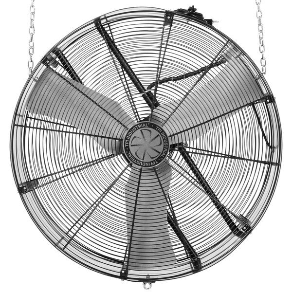A TPI 36" suspension industrial fan hanging from chains.