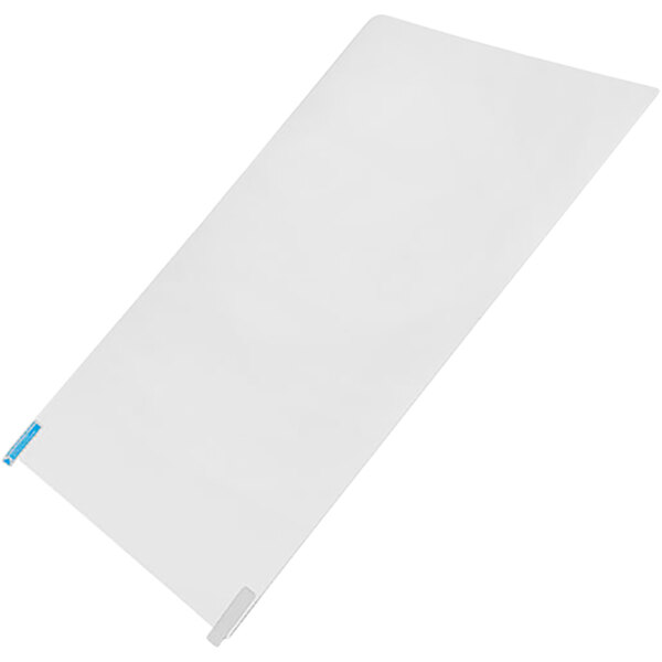 A white rectangular object with a blue label.