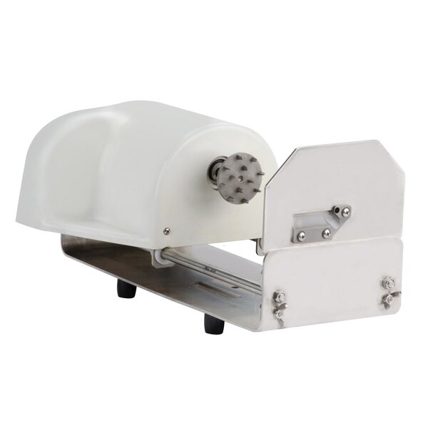 A white Nemco PowerKut garnish cutter with a metal handle and round wheel.