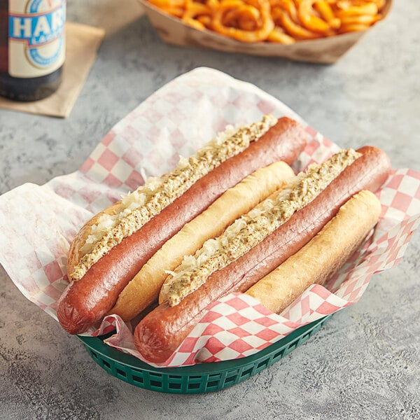 A basket of Nathan's Famous hot dogs.