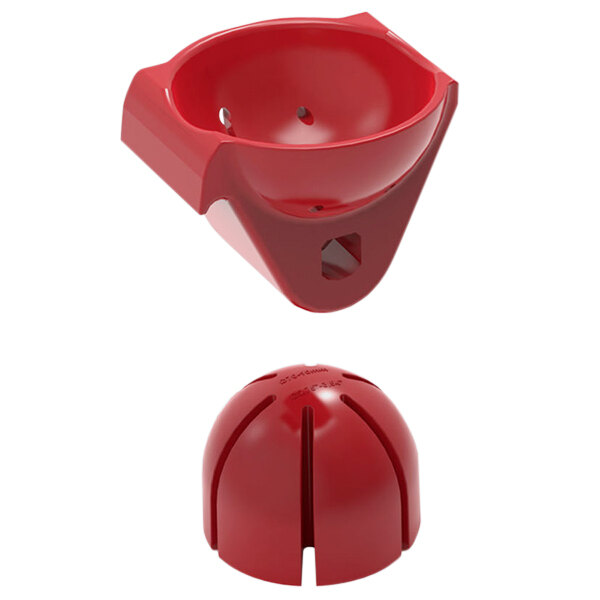 A red plastic cup with holes and a red plastic ball inside.