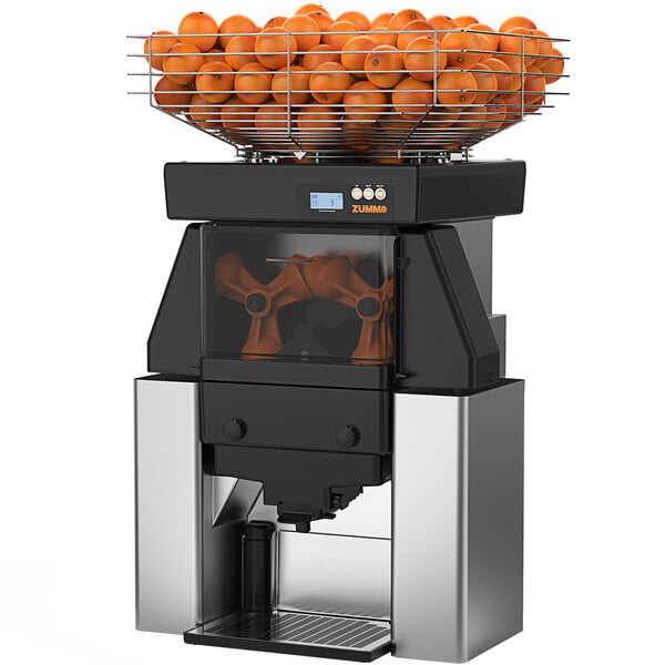 A Zummo Z40 Nature Adapt commercial juicer with oranges in a metal basket on top.