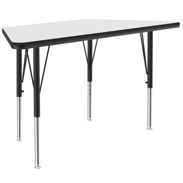 A white trapezoid-shaped activity table with black legs.