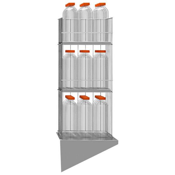 A white freestanding bottle rack holding clear bottles with red lids.