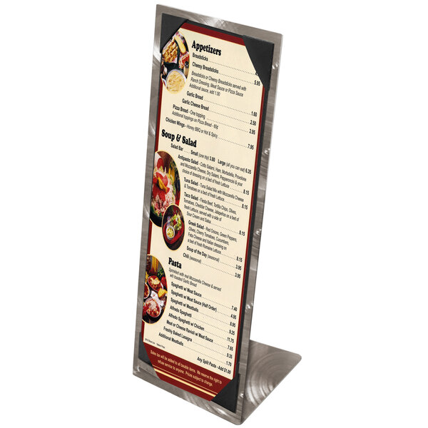 An Alumitique aluminum menu tent with swirl picture corners on a stand with a menu in it.