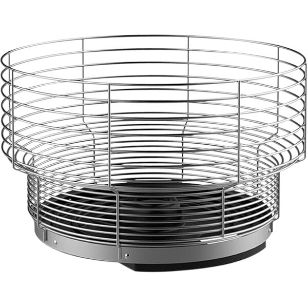 A round metal Zummo hopper basket with a black rubber base.