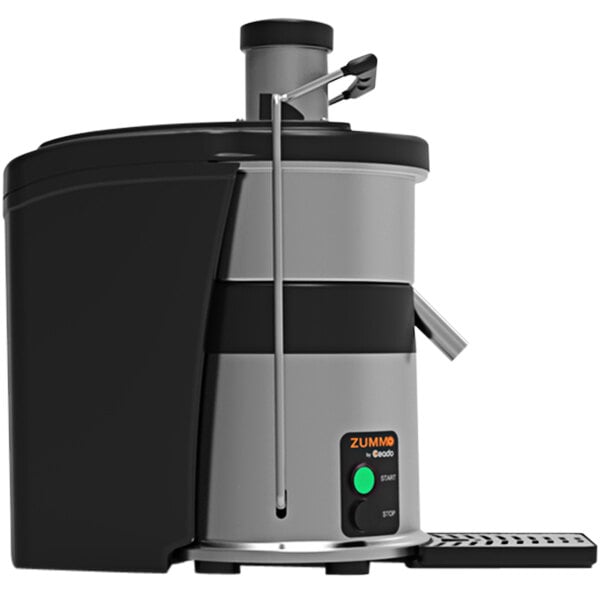 A close-up of a Zummo Z22 centrifugal juicer with a black and silver body.